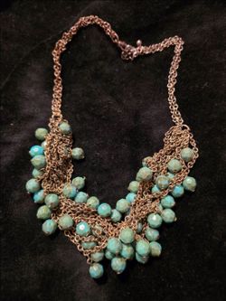 Vintage Multi-Strand Necklace featuring Teal Colored Faux Turquoise Beads and an Antiqued Gold-Tone Chain