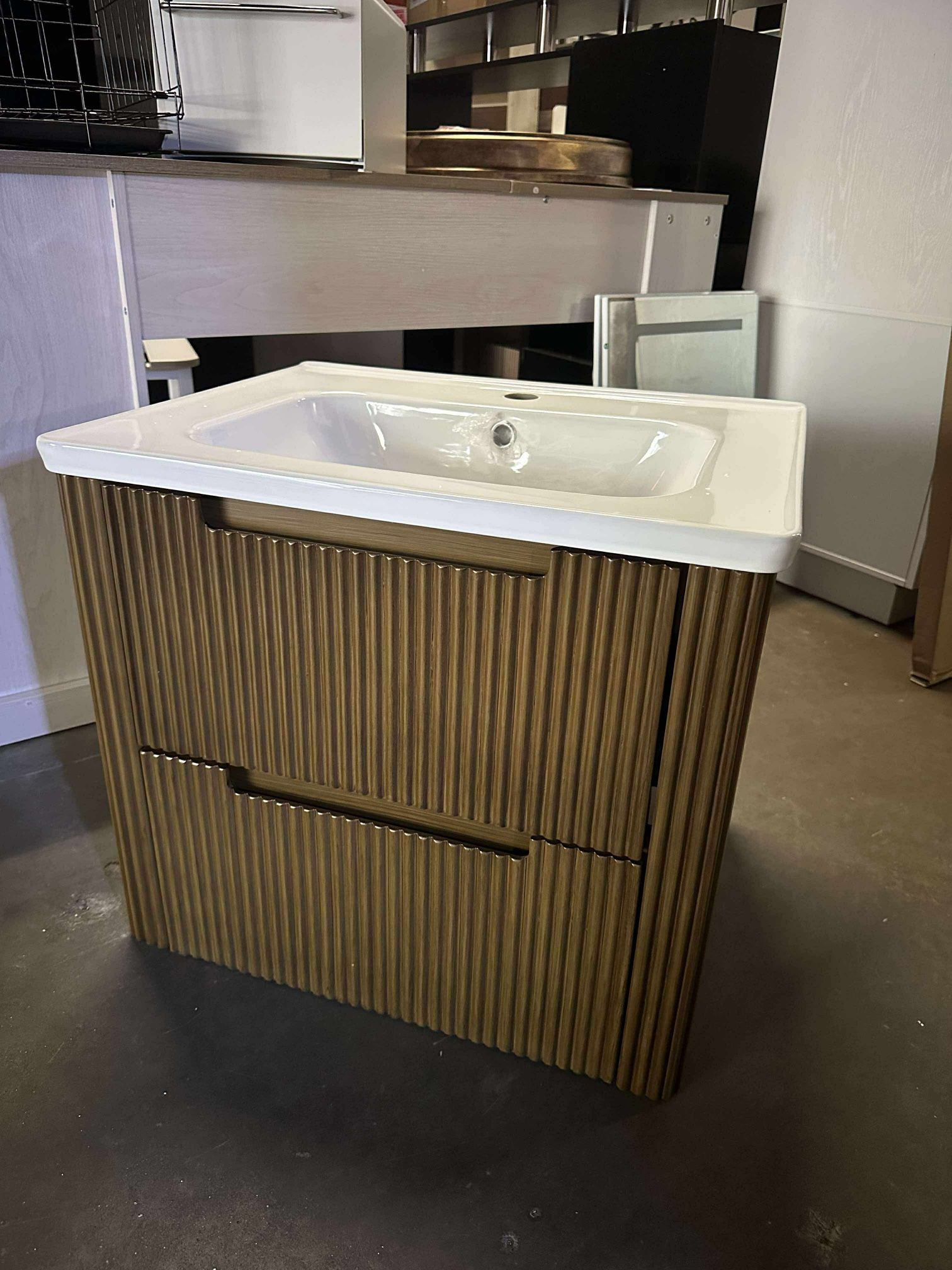 Walnut, 24"Bathroom Vanity with Sink Combo, Curved Floating Bath Vanity with 2 Drawer, Wall Mount Bathroom Vanities with Integrated Ceramic Sink for S