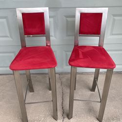 Modern Barstools (Set Of 2) Brushed Metal Faux suede Seats Red 
