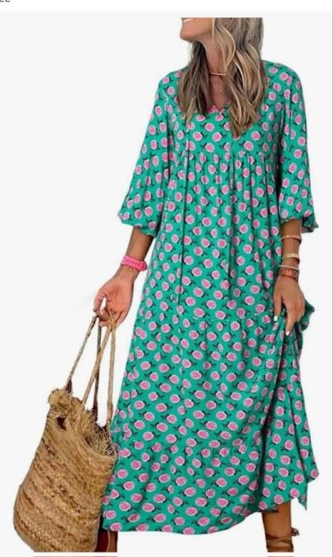 Boho Dress Size M Vintage Print 3/4 Sleeve Maxi Dress Casual Loose Pleated Flowy