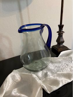 Recycled glass large pitcher clear and blue