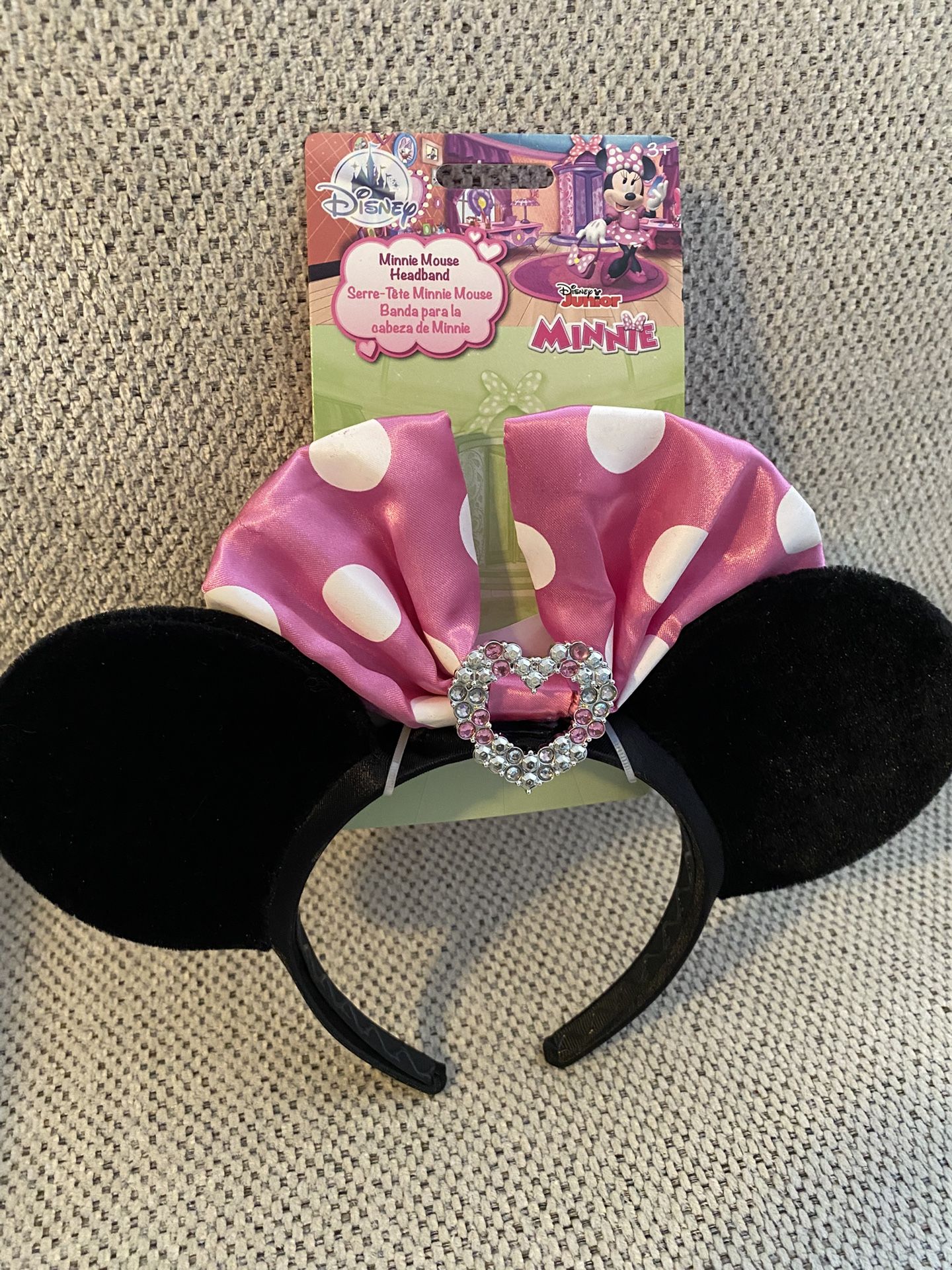 Disney Junior, mini headband with ears and pink bow and heart, diamonds, pink and white