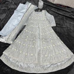 Embroidered Maxi Dress, Pant, Duppata & Pouch