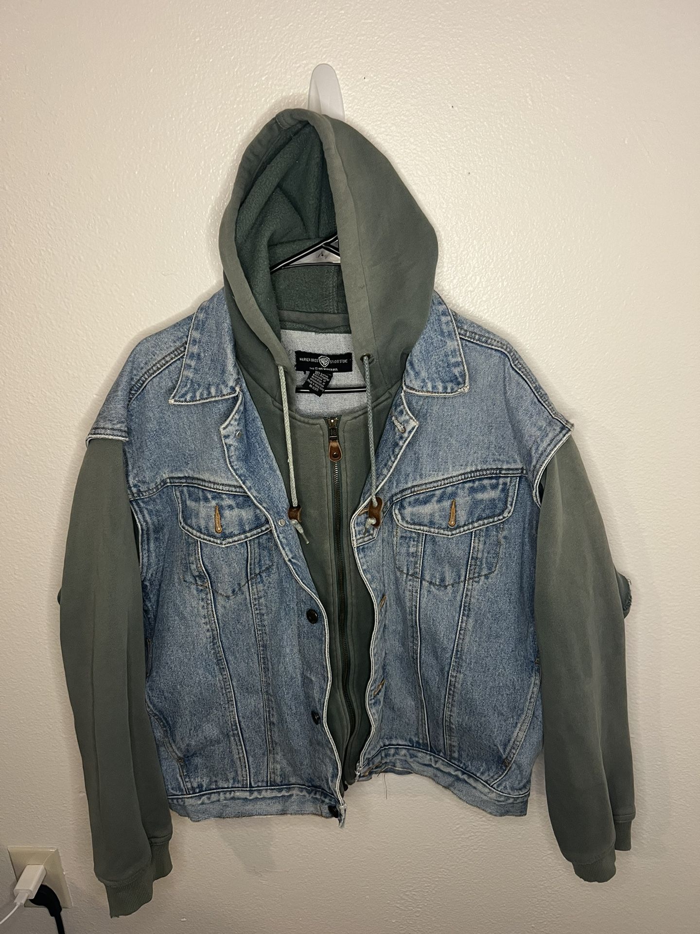 Men LOONEY TUNES Green Hoodie Sweat Jacket w/ Denim Vest Embroidery Bugs/Taz XL