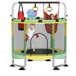60" Toddler Trampoline for Kids with Net, 6-in-1 Indoor/Outdoor Trampoline Anti-Tilt Frame & Thick Padded Spring Cover,Easy Assembly,