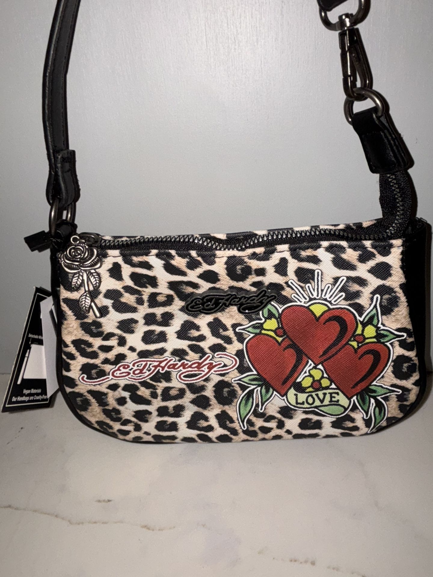 NWT Ed Hardy Convertible Wristlet Shoulder Animal Print Triple Hearts Design