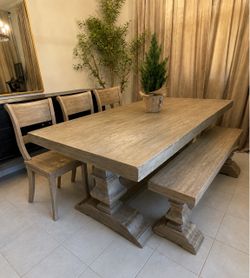 Pottery Barn Banks Dining Table (76”) Bench and Chairs (x3)
