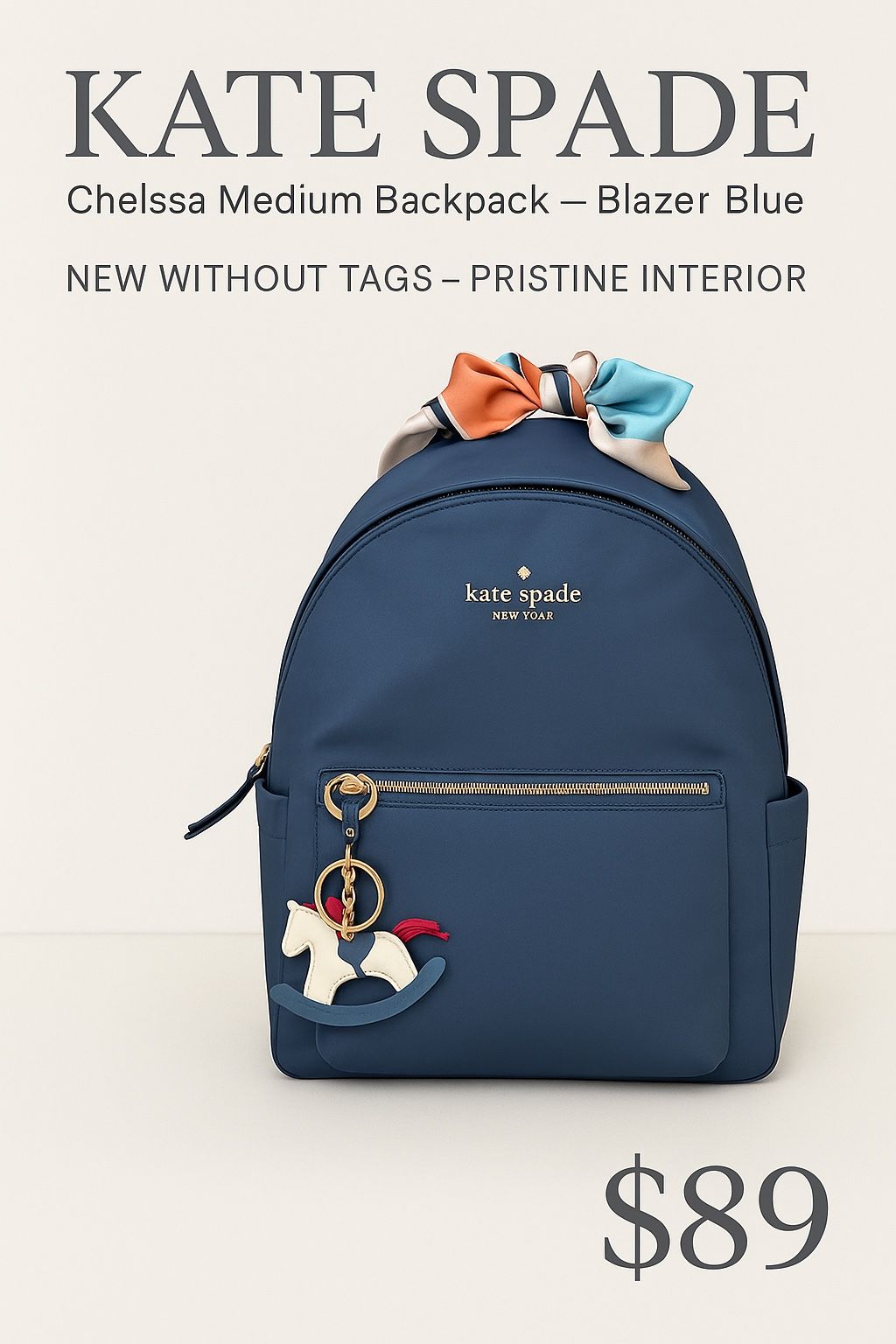 🎒 Kate Spade Chelsea Medium Backpack – Blazer Blue ✨ Styled & Ready to Gift – Rocking Horse Charm + Designer Scarf Wrap Included!