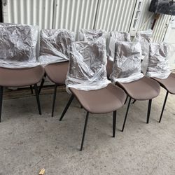 Dining Chairs Set of 8 Brown Faux Leather for Kitchen Dining Room, Comfortable Mid Century Modern Chair with Metal Leg, Upholstered Side Chair for Liv