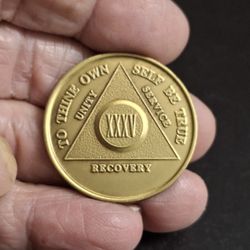 35 Year AA Medallion Traditional Bronze With Raised Center Sobriety Chip With The Serenity Prayer On Back