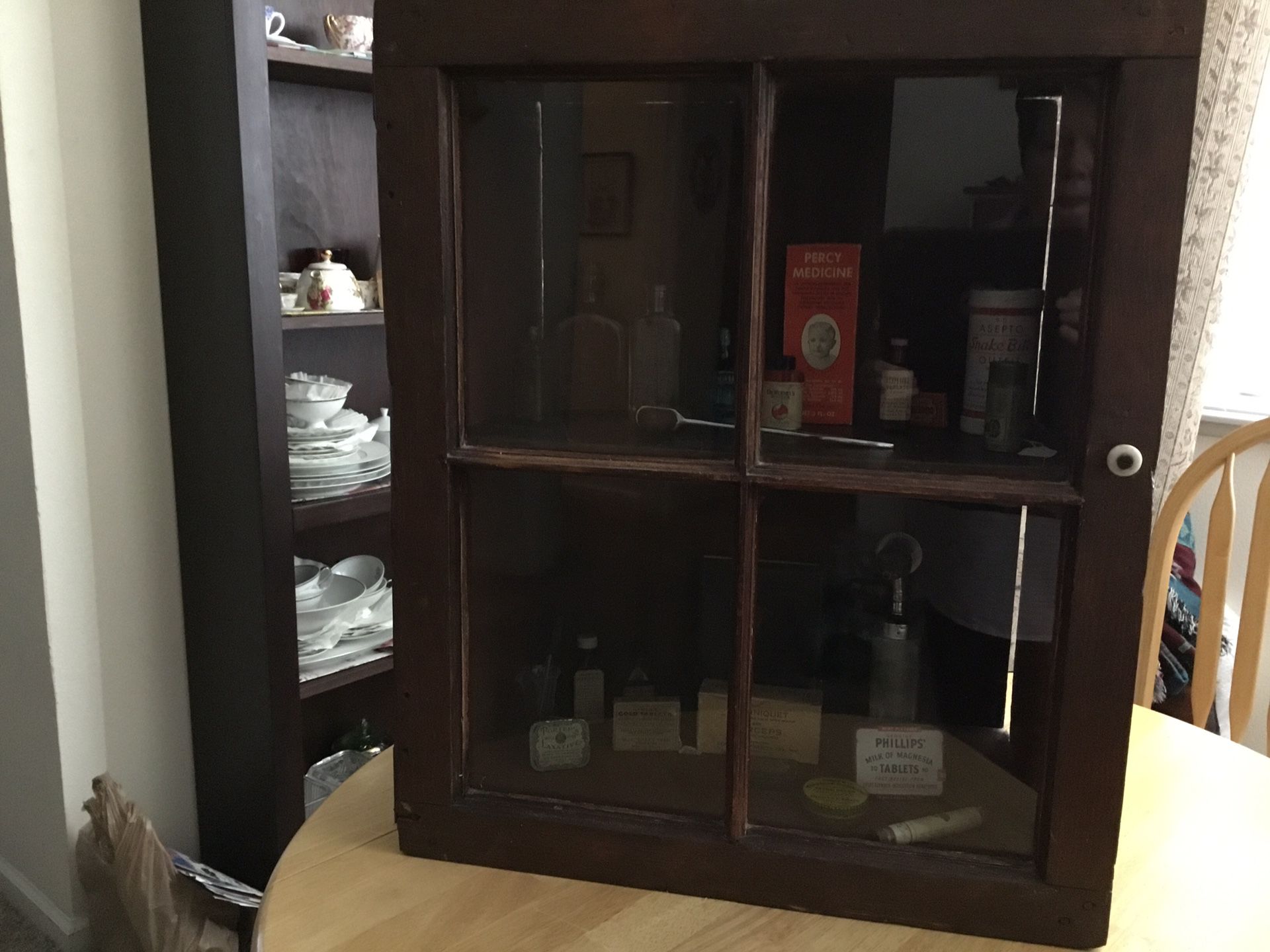 Antique Barnwood Cabinet including old Empty Medicine Bottles And Tins