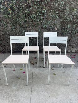 Set of 4 White Metal and Wood Dining Chairs