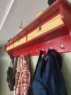 Red Wood Wall Shelf with Hooks cubbies