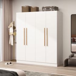 63" Modern White/Gray Manufactured Wood Armoire Storag e Cabin et, Large Wardrobe Family Close t with Hanging Ro ds