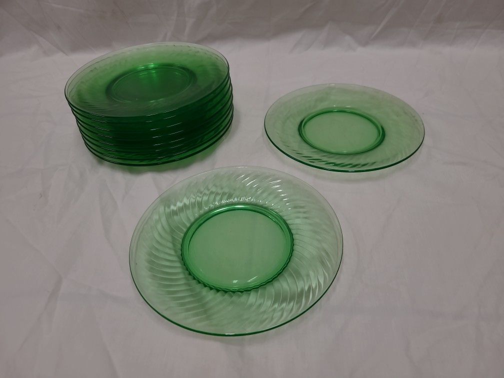 10 Piece Set Antique Green Glass Plates