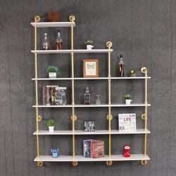 6 Tiers Ladder Shelf Bookcase,63" Vintage Solid Wood Storage Shelf,Wall Mounted Wood Shelves,Pipe Wood Shelves,Display Rack,Home/Office Bookshelf (Gol