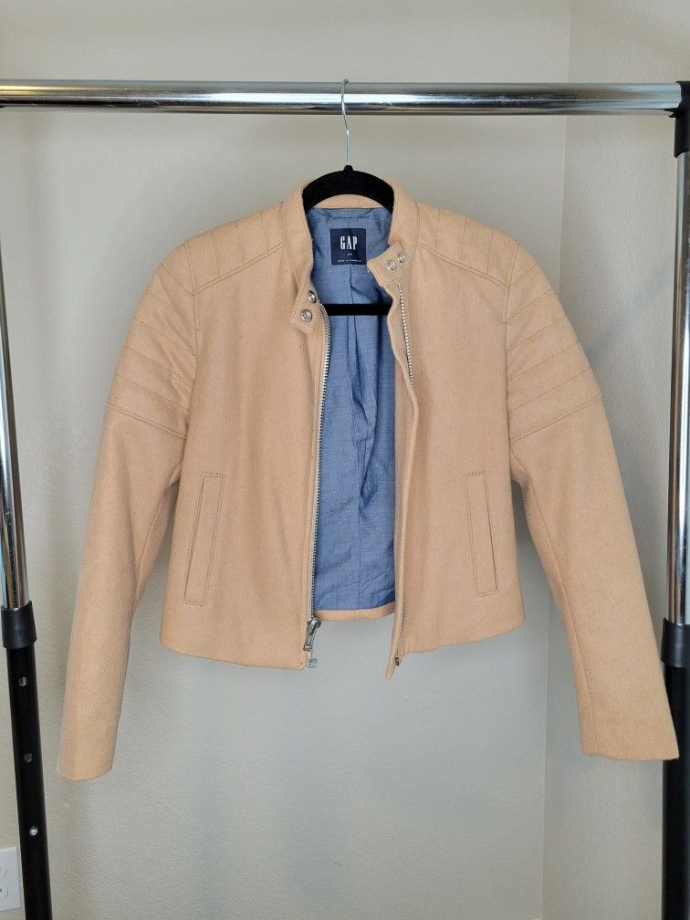 GAP Camel Beige Wool Moto Jacket Crop Biker Jacket Womens Size XS