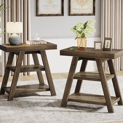 New assembled Set of 2 Wooden Side Table, 3-Tier Farmhouse Small End Table with Storage, Vintage Couch Side Table for Living Room, Rectangle Bedside T