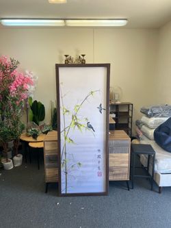 Bamboo, birds, long vertical Chinese traditional meticulous painting print, retro style extra tall silk hanging scroll, entrance wall art