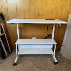 White Roll Away Desk W/ Outlet 