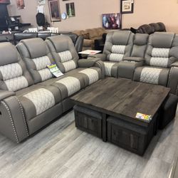 Grey On Grey Manual Sofa And Loveseat 