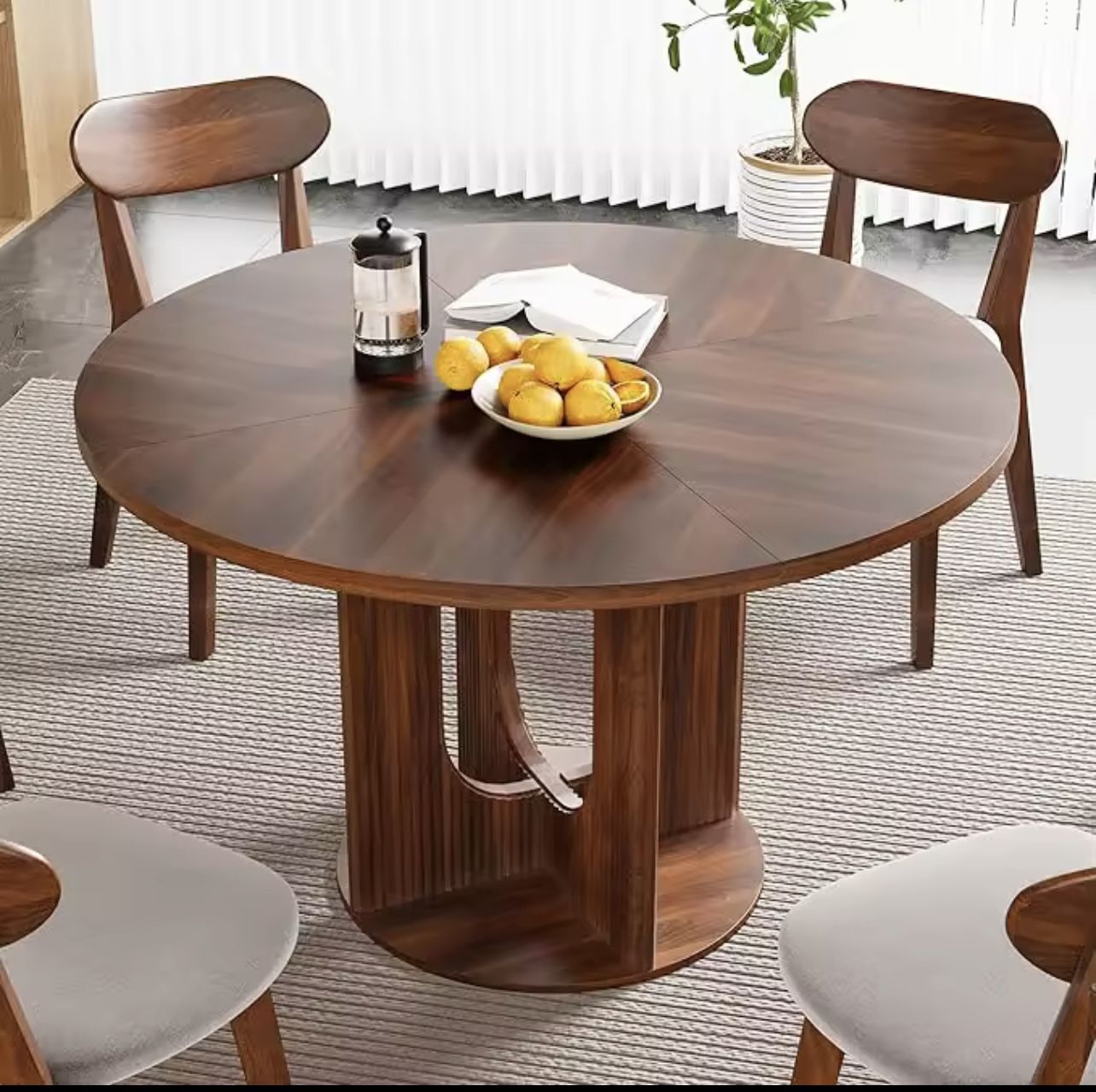 Farmhouse Round Fluted Dining Table for 4, 47 Inch Circle Kitchen Table with Wooden Pedestal Base, Dinner Tables