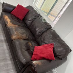 Brown Genuine Leather Sofa & Loveseat Set, With 4 Pillows 