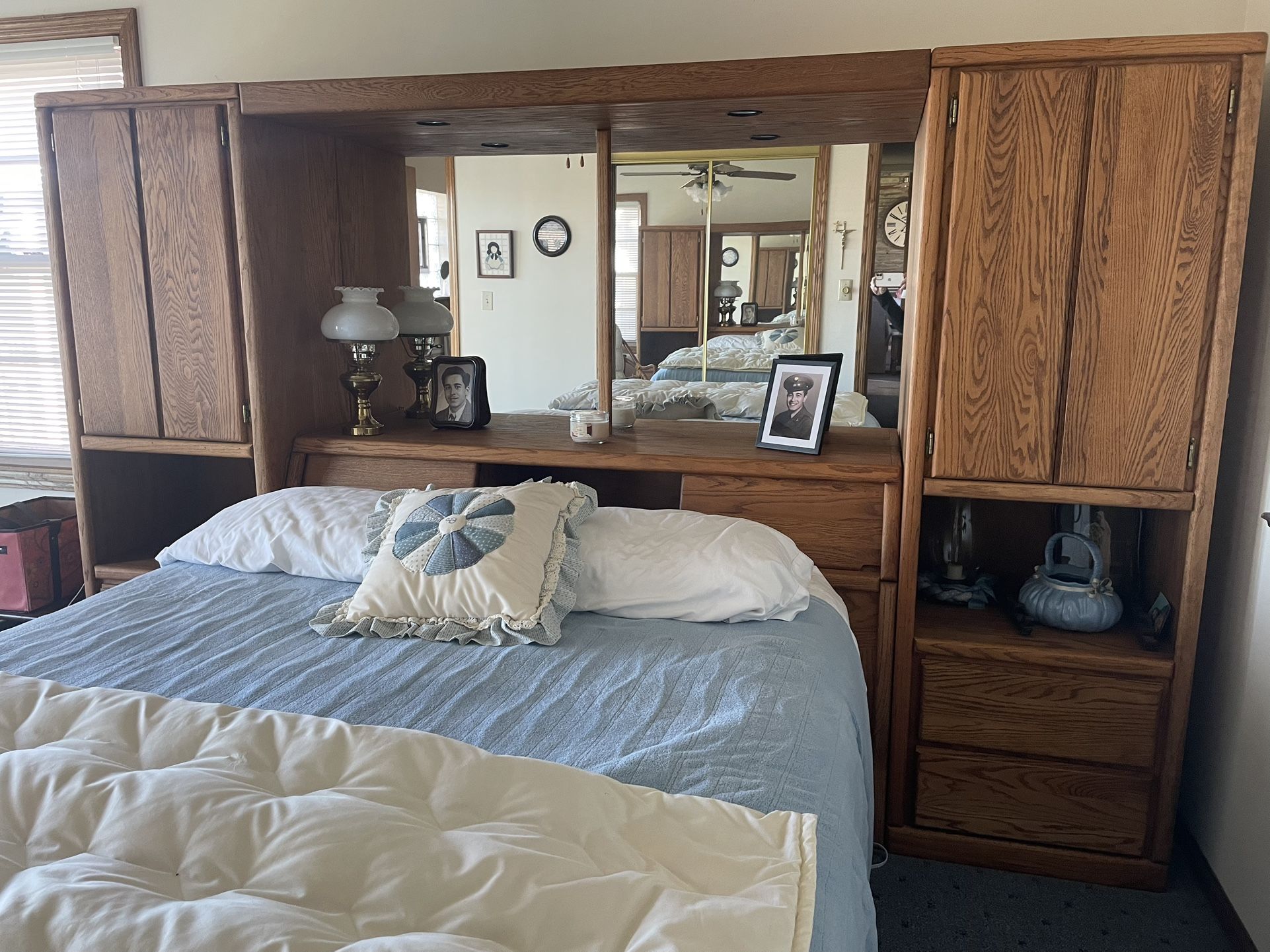 Solid Oak Bedroom Storage Lighted Headboard Unit