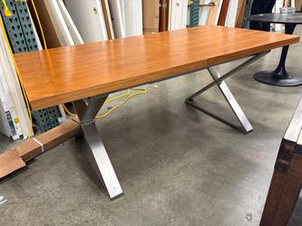 Contemporary Modern Wooden Dining Table with Metal Bowed Base