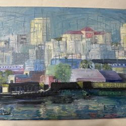 Vintage 9” X 12” Original Oil Painting Of City Skyline 