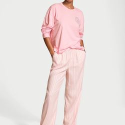 Victoria's Secret Pink Pajama Set Long Sleeve Top Striped Pants Rhinestone Logo size Small regular