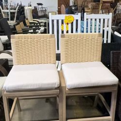 Set of 2 Woven Linen Counter Height Bar Stools, 27.25" Seat Height Barstools with Solid Wood Legs, Mid-Century Kitchen Stools $180