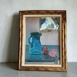 1985 Original Oil Painting Titled Still life With Apples & A Rose. Depicting Apples, Rose And Pitcher  