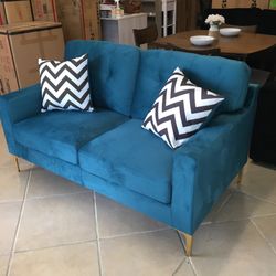 Luxurious 2-pc sofa set loveseat & sofa velvet teal blue