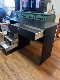 Modern Black Office Desk w/ 5 Drawers & Locking File Drawer