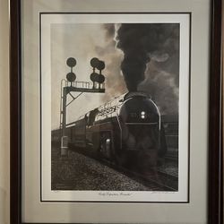Vintage “Early Departure, Roanoke” by James Lewyn Underwood Steam Train Matted & Framed