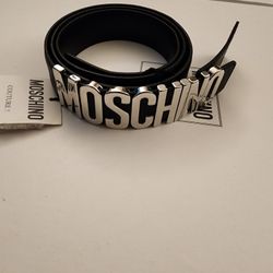 Moschino Leather Logo Belt Black Silver 34 36 38 40 42 44