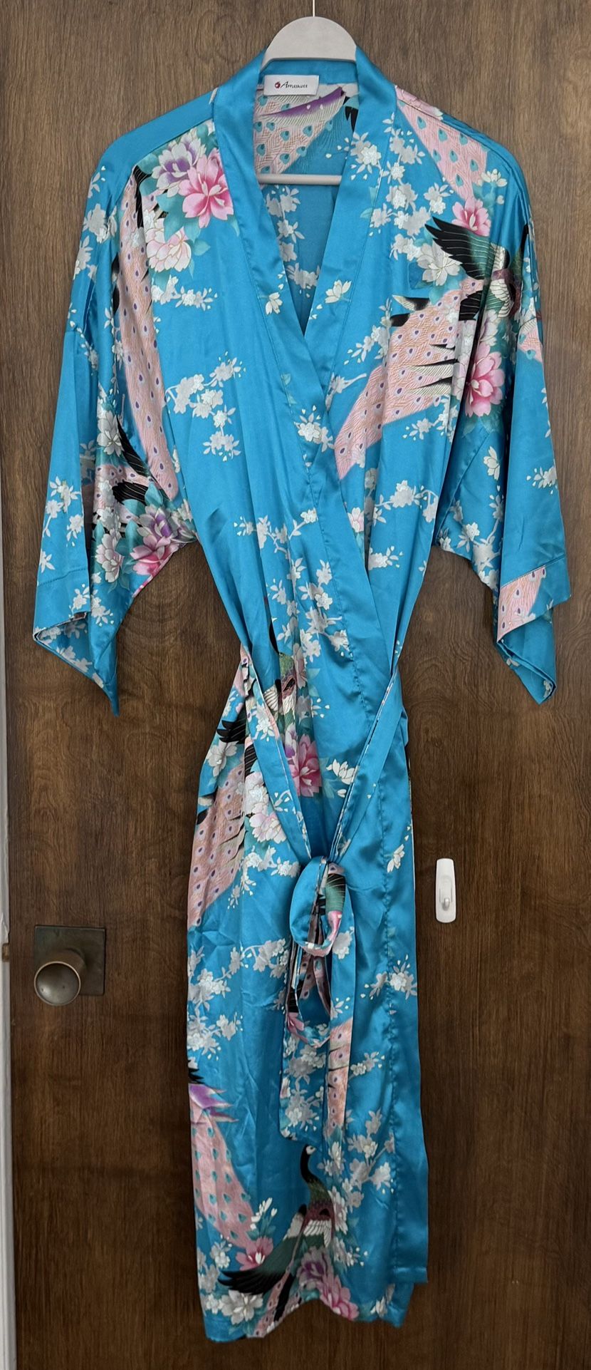 Applesauce Women’s Teal Blue Satin Silk-like Peacock Floral Belted Long Robe, one size