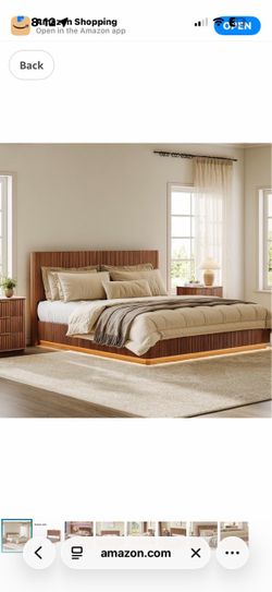 Evermagin Walnut Queen Floating Bed Frame with Headboard & Charging Station
