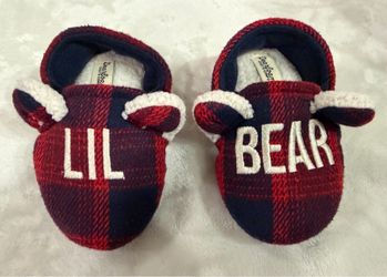 Cozy Dearfoams Lil Bear Red/Black Plaid Flannel Slippers