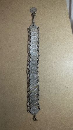 Vintage Chain Coin 8.5" Charm Bracelet Silver Tone Metal Star Building Unbranded