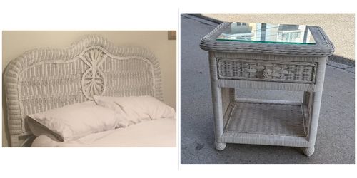 Vintage White Wicker Bedroom Set - Nightstand + Headboard