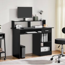 Home Office Wood Computer Desk with Drawers and Pull-Out Keyboard Tray, Study Writing Desk PC Laptop Table with Hutch and Storage Shelves, Modern Work