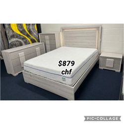 White Wash / Stone Gray LED On Headboard 4 Piece Queen Size Bedroom Set  ( Included Bed Frame ,Dresser,  Mirror ,Nightstand )