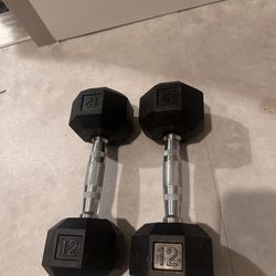 12 Lb Hex Dumbbells Rubber Coated, Chrome Handle