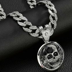3-Pcs Fully Iced 14K White Gold-Plated Cubic Zirconia Skull Pendant W/20-24 Inches Miami Cuban Necklace & Bracelet Set 