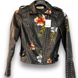 Brand New AFTF Basic Outerwear Embroided Womens Leather Jacket
