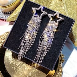 Brand New Trendy Sparkling Rhinestones Star Tassel Earrings
