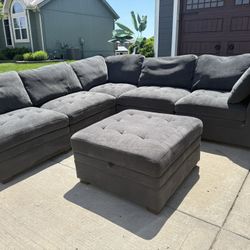 Gray Sectional Sofa Couch With Storage Ottoman 