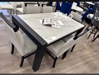 7-pc dining table set white faux marble table top
